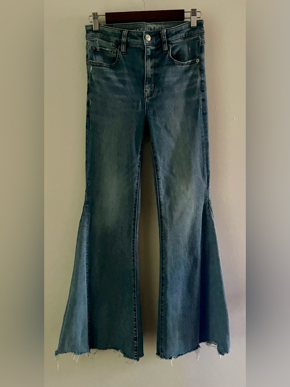 American Eagle Next Level Stretch Festival Flare Jeans Raw Hem Boho Blue Sz 6